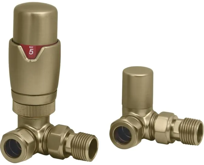 Vasca Round Thermostatic Brushed Brass Radiator Valves - Corner main product photo