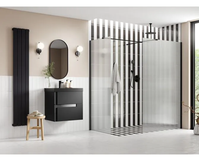 Envy Trend 900mm Fluted Wetroom Panel & Side Panel Arm - Black main product photo