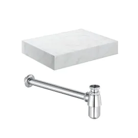 Vasca Scuro 600mm Wall Hung White Marble Basin Shelf & Chrome Bottle Trap 