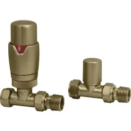 Vasca Round Thermostatic Brushed Brass Radiator Valves - Straight